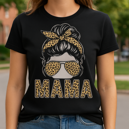 Leopard print messy bun mama