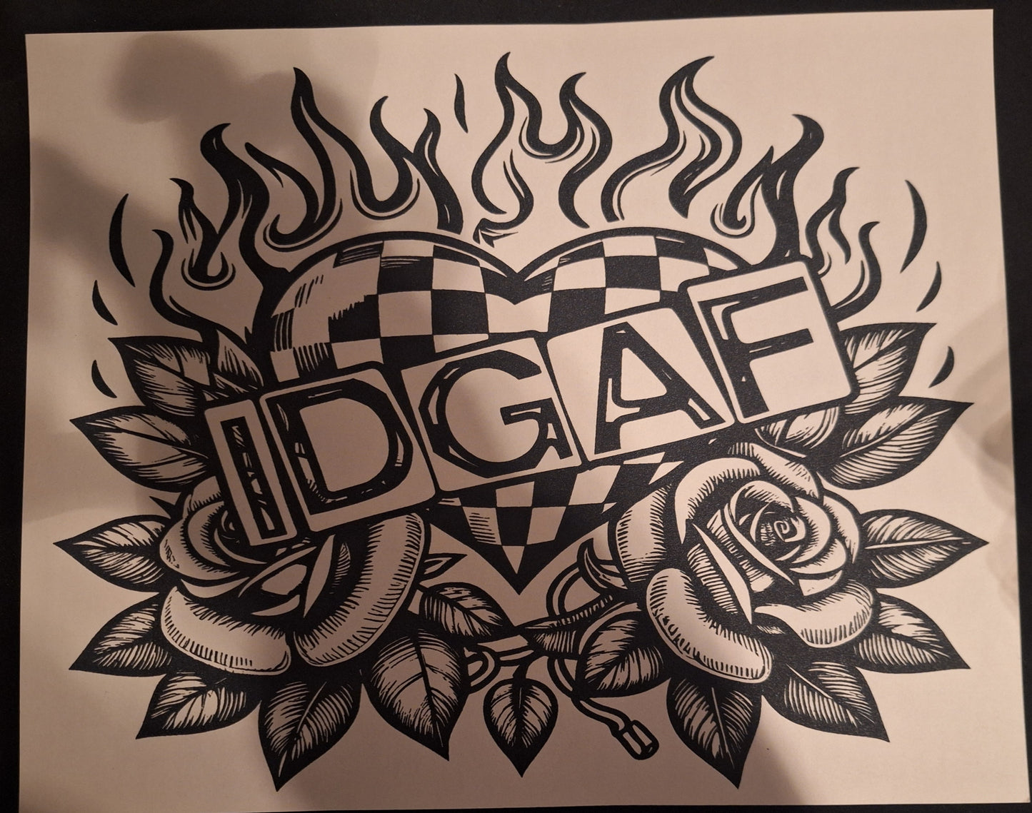 IDGAF fire checked hear with flowers